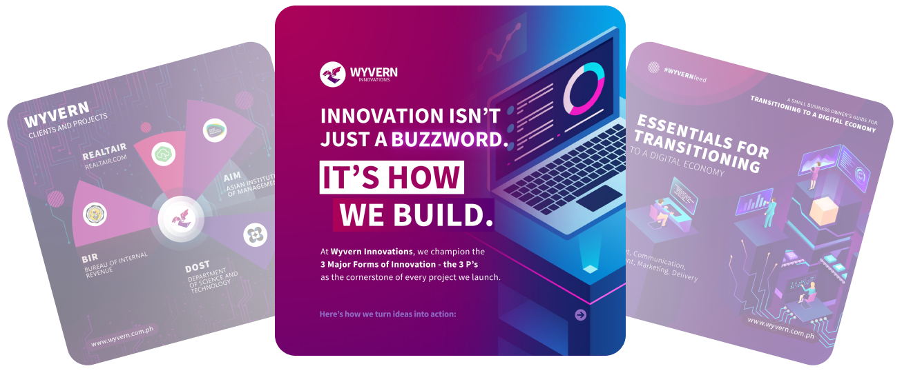 Wyvern stories on innovation, clients including BIR, DOST, AIM, and Realtair, and the essentials of going digital.